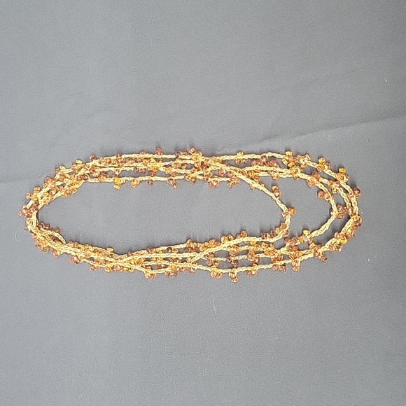 Beaded Sweater Necklace. Amber Plastic Beads. Delicate Gold Metallic Threads 47" - Picture 6 of 8